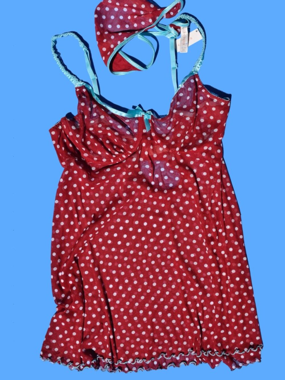 Y2K 2000s Red Polka Dot Sheer Mesh Babydoll & Thong Set with Teal Trim